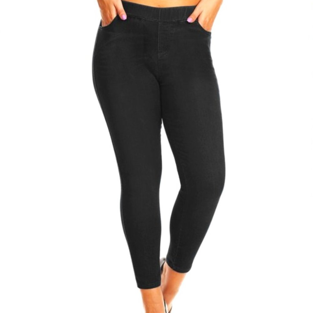 High Waist Skinny Denim Jeggings - Plus (1X, 2X, 3X) - Classic Black